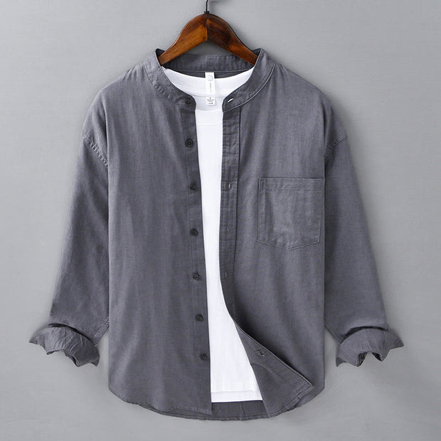Buddha Stones Men's Long Sleeve Stand Collar With Pocket Pure Color Casual Cotton Linen Shirt - DimGray - US/UK/AU40，EU50 (3XL) - image 34