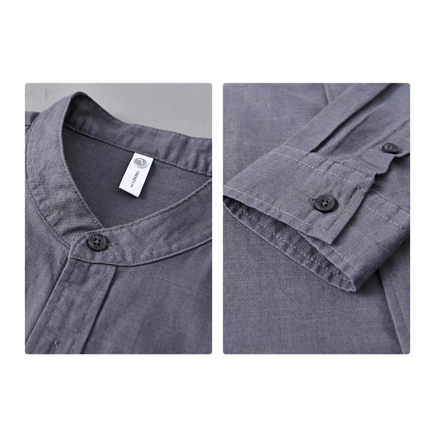 Buddha Stones Men's Long Sleeve Stand Collar With Pocket Pure Color Casual Cotton Linen Shirt - image 36