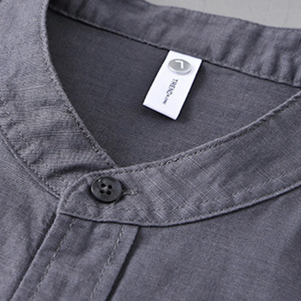 Buddha Stones Men's Long Sleeve Stand Collar With Pocket Pure Color Casual Cotton Linen Shirt - image 35