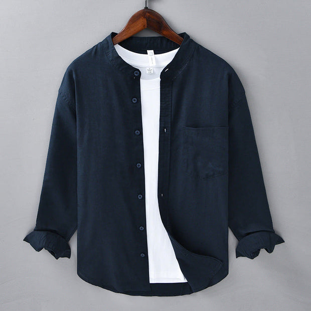 Buddha Stones Men's Long Sleeve Stand Collar With Pocket Pure Color Casual Cotton Linen Shirt - MidnightBlue - US/UK/AU40，EU50 (3XL) - image 38