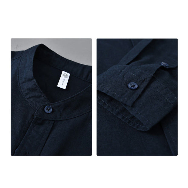 Buddha Stones Men's Long Sleeve Stand Collar With Pocket Pure Color Casual Cotton Linen Shirt - image 40