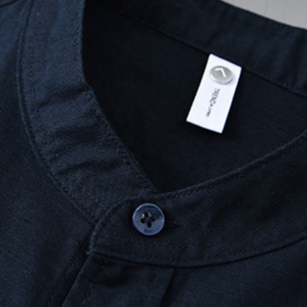 Buddha Stones Men's Long Sleeve Stand Collar With Pocket Pure Color Casual Cotton Linen Shirt - image 40