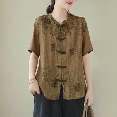 Buddha Stones Purple Flower Print Frog-Button Design Cotton Linen Shirt - US16，UK/AU20，EU48 (3XL) - image 1