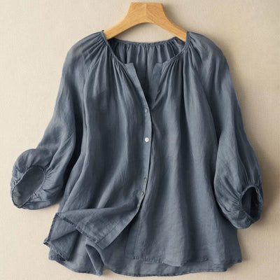 Buddha Stones Vintage Button Three Quarter Puff Sleeve V-Neck Cotton Linen Women's Shirt - SteelBlue - US14，UK/AU18，EU46 (4XL) - image 1