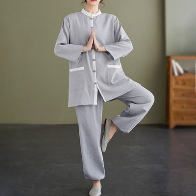 Buddha Stones 2pcs Cotton Tai Chi Shirt Top Pants Meditation Zen Clothing Women's Set - LightSteelBlue - US8-10，UK/AU12-14，EU40-42 (2XL) - image 1
