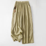 Buddha Stones Casual Flower Embroidery Women's Cotton Linen Elastic Waist  Wide Leg Pants With Pockets - DarkKhaki - US8-10，UK/AU12-14，EU40-42 (2XL) - image 1