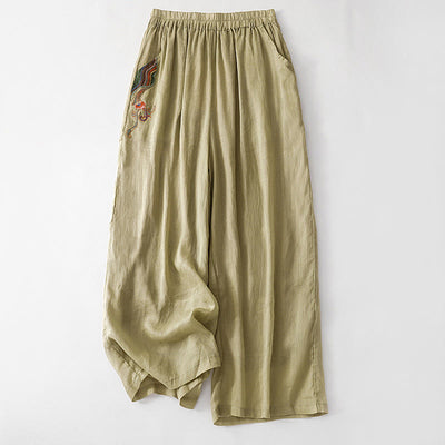 Buddha Stones Casual Flower Embroidery Women's Cotton Linen Elastic Waist  Wide Leg Pants With Pockets - DarkKhaki - US8-10，UK/AU12-14，EU40-42 (2XL) - image 1