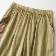Buddha Stones Casual Flower Embroidery Women's Cotton Linen Elastic Waist  Wide Leg Pants With Pockets - image 2