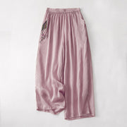 Buddha Stones Casual Flower Embroidery Women's Cotton Linen Elastic Waist  Wide Leg Pants With Pockets - PaleVioletRed - US8-10，UK/AU12-14，EU40-42 (2XL) - image 8