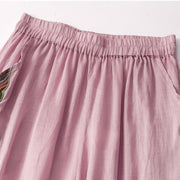 Buddha Stones Casual Flower Embroidery Women's Cotton Linen Elastic Waist  Wide Leg Pants With Pockets - image 9
