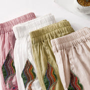Buddha Stones Casual Flower Embroidery Women's Cotton Linen Elastic Waist  Wide Leg Pants With Pockets - image 34