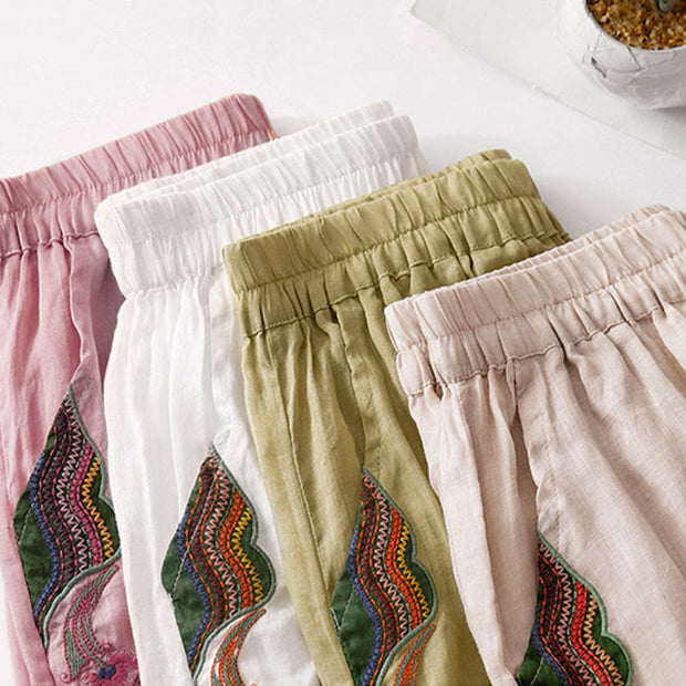 Buddha Stones Casual Flower Embroidery Women's Cotton Linen Elastic Waist  Wide Leg Pants With Pockets - image 34
