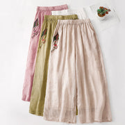 Buddha Stones Casual Flower Embroidery Women's Cotton Linen Elastic Waist  Wide Leg Pants With Pockets - image 32