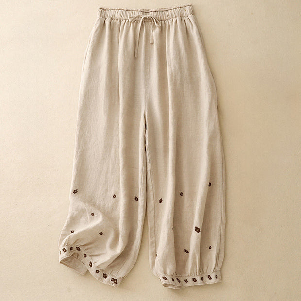 Buddha Stones Casual Embroidered Petals Women's Cotton Linen 7-8 Length Harem Pants With Pockets - Wheat - US12，UK/AU16，EU44 (2XL) - image 1