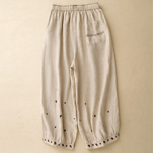 Buddha Stones Casual Embroidered Petals Women's Cotton Linen 7-8 Length Harem Pants With Pockets - image 2
