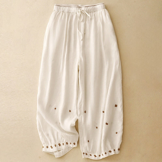 Buddha Stones Casual Embroidered Petals Women's Cotton Linen 7-8 Length Harem Pants With Pockets - Linen - US12，UK/AU16，EU44 (2XL) - image 7