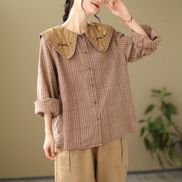 Buddha Stones Embroidered Plaid Pattern Cotton Women's Shirt - image 3