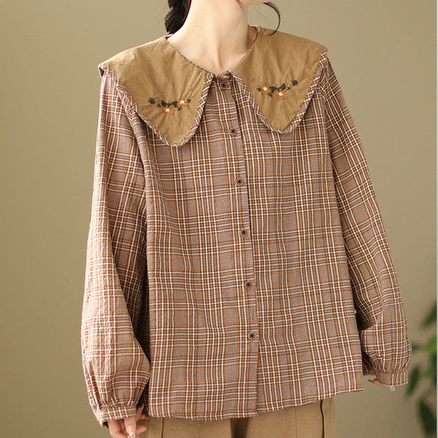 Buddha Stones Embroidered Plaid Pattern Cotton Women's Shirt - DarkSalmon - US8-10，UK/AU12-14，EU40-42 (2XL) - image 1