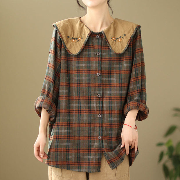 Buddha Stones Embroidered Plaid Pattern Cotton Women's Shirt - Sienna - US8-10，UK/AU12-14，EU40-42 (2XL) - image 7
