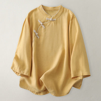Buddha Stones Plain Slanted Buttons Cotton Linen Women's Shirt - Gold - US12，UK/AU16，EU44 (2XL) - image 1
