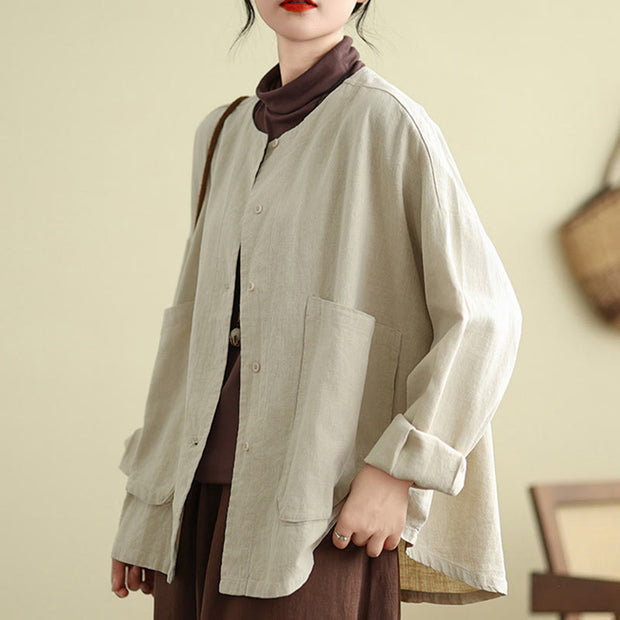 Buddha Stones Plain Design Long Sleeve Women's Cotton Linen Jacket With Pockets - Beige - US14，UK/AU18，EU46 (2XL) - image 1