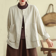 Buddha Stones Plain Design Long Sleeve Women's Cotton Linen Jacket With Pockets - image 2