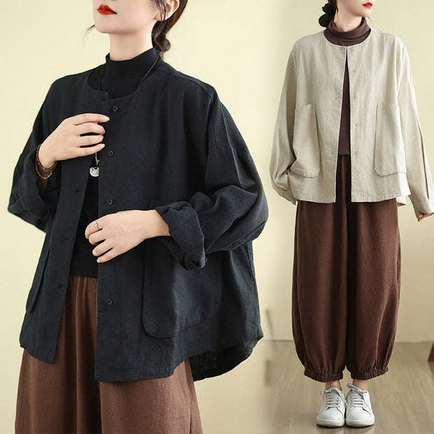 Buddha Stones Plain Design Long Sleeve Women's Cotton Linen Jacket With Pockets - image 18
