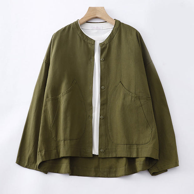 Buddha Stones Solid Color Long Sleeve Women's Cotton Jacket With Pockets - Olive - US14，UK/AU18，EU46 (2XL) - image 16