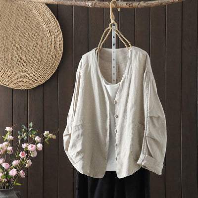 Buddha Stones Pure Color V-neck Women's Cotton Jacket With Pockets - Beige - US14，UK/AU18，EU46 (2XL) - image 1