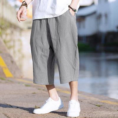 Buddha Stones Summer Plain Pleat Design Drawstring Men's 7-8 Length Cotton Linen Pants With Pockets - Gray - US/UK/AU46，EU56 (5XL) - image 1