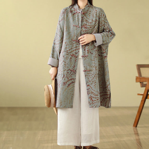 Buddha Stones Frog-button Vine Leaves Women's Cotton Linen Coat With Pockets - image 3