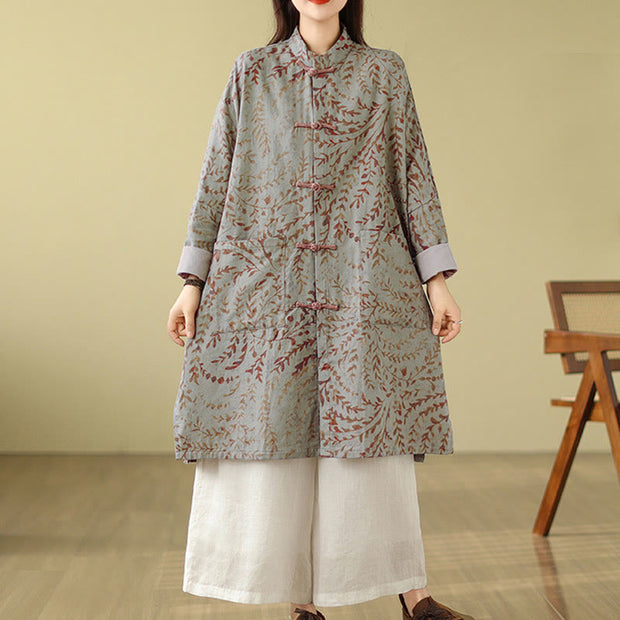 Buddha Stones Frog-button Vine Leaves Women's Cotton Linen Coat With Pockets - image 6