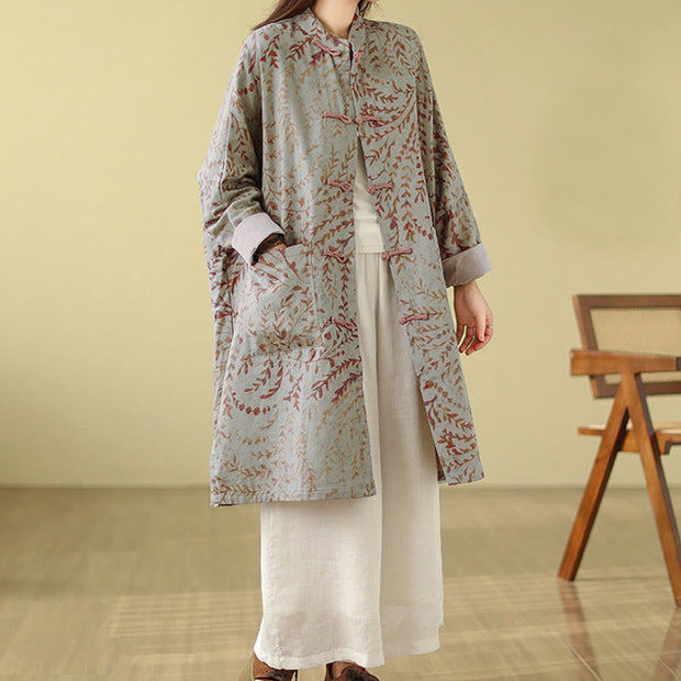 Buddha Stones Frog-button Vine Leaves Women's Cotton Linen Coat With Pockets - image 4