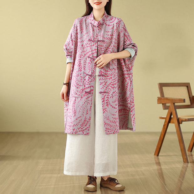 Buddha Stones Frog-button Vine Leaves Women's Cotton Linen Coat With Pockets - image 10