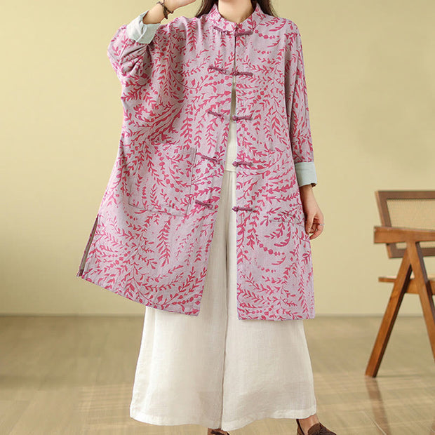 Buddha Stones Frog-button Vine Leaves Women's Cotton Linen Coat With Pockets - image 8