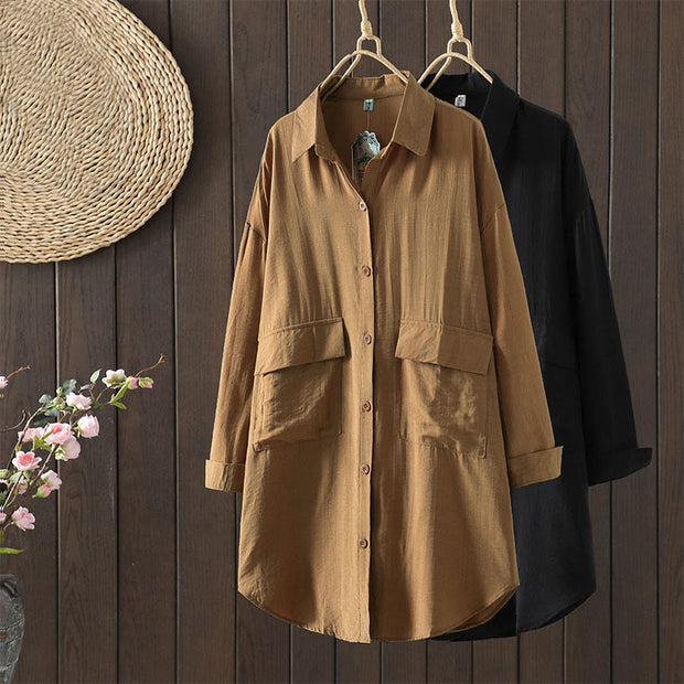 Buddha Stones Plain Buttons Women's Cotton Coat With Pockets - image 17