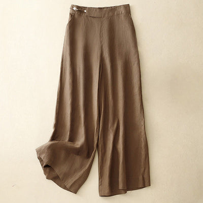 Buddha Stones Plain Color Frog-Button Cotton Linen Women's Wide Leg Pants With Pockets - SaddleBrown - US12，UK/AU16，EU44 (2XL) - image 1