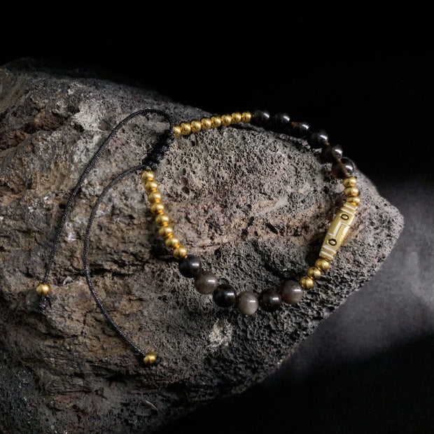Buddha Stones Cute Bone Pattern Tiger Eye Courage Beads Bracelet - Silver Sheen Obsidian & Titanium Steel(Wrist Circumference: 15-21cm) - image 7