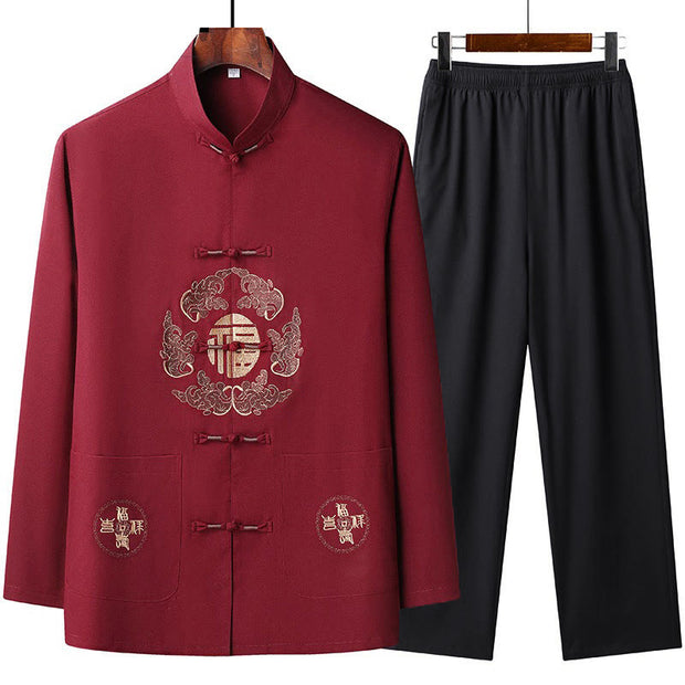 Buddha Stones Chinese New Year Embroidered Fu Tang Suit Hanfu Long Sleeve Top Pants Clothing Men's Set - Red - US/UK/AU44，EU54 (4XL) - image 1