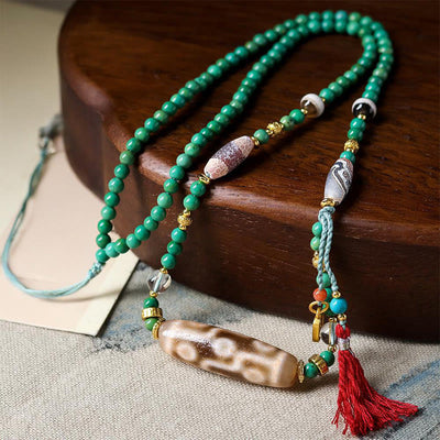 Buddha Stones Tibet Dzi Bead Turquoise Bead Chain Protection Necklace Pendant - Turquoise & Dzi Bead - image 1