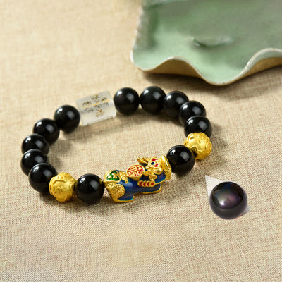 Buddha Stones Fengshui Copper Pixiu Rainbow Obsidian Beads Wealth Bracelet - Om Mani Padme Hum & Fu Character & Color-changing Pixiu(Wrist circumference:18-19cm) - image 1