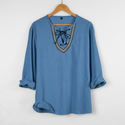 Buddha Stones Solid Color Fall Lace-up Men's V-Neck Long Sleeve Cotton Shirt - SkyBlue - US/UK/AU46，EU56 (3XL) - image 1