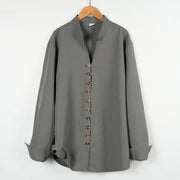 Buddha Stones Solid Color Buttons Fall Long Sleeve Linen Men's Shirt - Gray - US/UK/AU46，EU56 (3XL) - image 1
