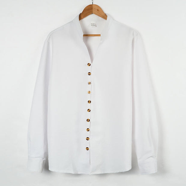 Buddha Stones Solid Color Buttons Fall Long Sleeve Linen Men's Shirt - White - US/UK/AU46，EU56 (3XL) - image 7