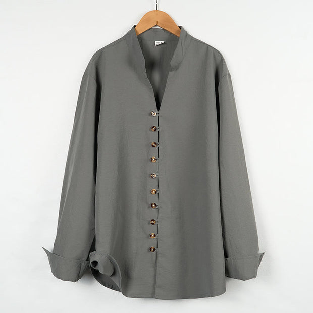 Buddha Stones Solid Color Buttons Fall Long Sleeve Linen Men's Shirt - Gray - US/UK/AU46，EU56 (3XL) - image 1