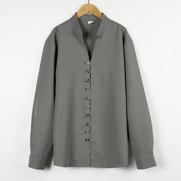 Buddha Stones Solid Color Buttons Fall Long Sleeve Linen Men's Shirt - image 2