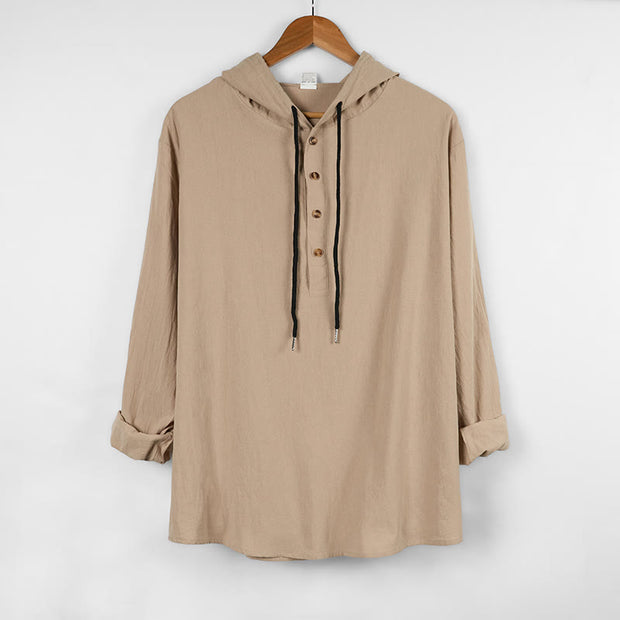 Buddha Stones Solid Color Fall Half Buttons Men's Hooded Long Sleeve Cotton Shirt - Beige - US/UK/AU46，EU56 (3XL) - image 12