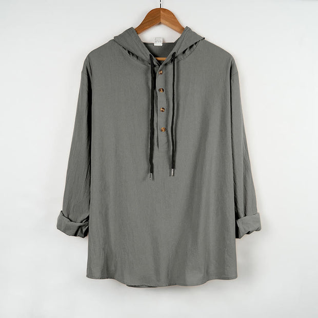 Buddha Stones Solid Color Fall Half Buttons Men's Hooded Long Sleeve Cotton Shirt - DarkGray - US/UK/AU46，EU56 (3XL) - image 10