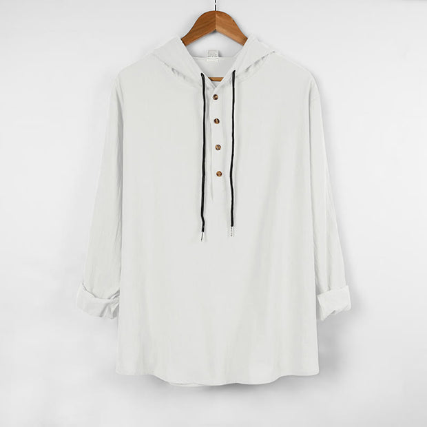 Buddha Stones Solid Color Fall Half Buttons Men's Hooded Long Sleeve Cotton Shirt - White - US/UK/AU46，EU56 (3XL) - image 6