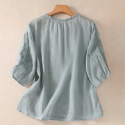 Buddha Stones Casual Plain Button Floral Embroidered Design Puff Half Sleeve Cotton Linen Women's Shirt - image 2